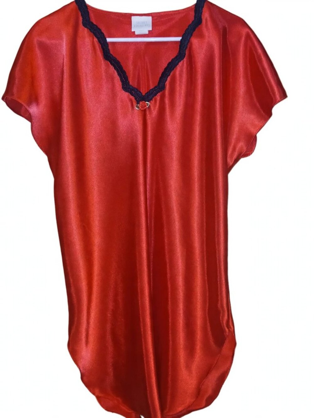 Secret Treasures Red Satin Nightgown Black Lace Trim Sleep Shirt Size L